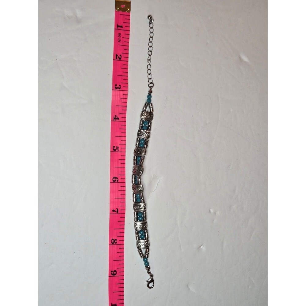 Silver Tone Bracelet Adjustable Length with Teal Beads and S Design - Picture 5 of 6